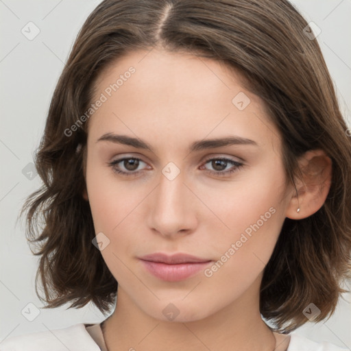 Neutral white young-adult female with medium  brown hair and brown eyes