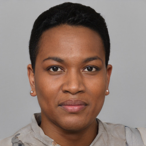 Joyful black young-adult female with short  black hair and brown eyes