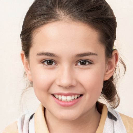 Joyful white child female with medium  brown hair and brown eyes