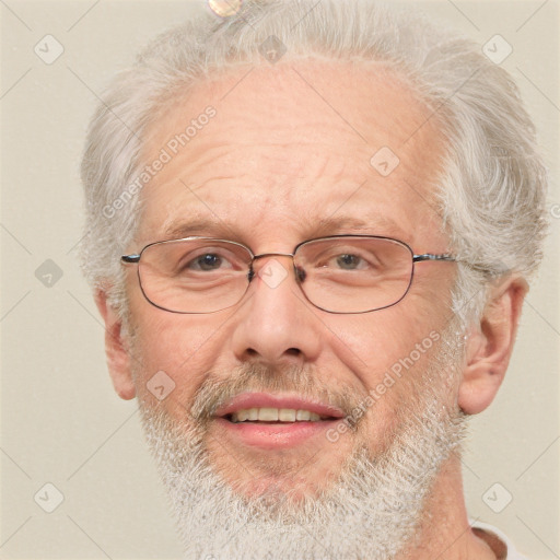 Neutral white middle-aged male with short  gray hair and grey eyes