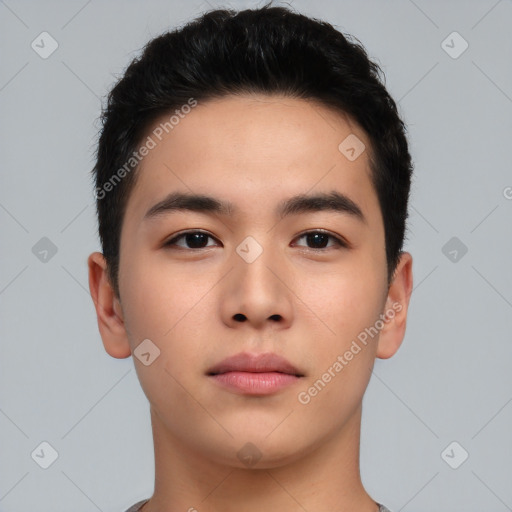 Neutral asian young-adult male with short  brown hair and brown eyes