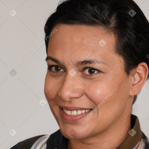 Joyful white adult female with short  brown hair and brown eyes