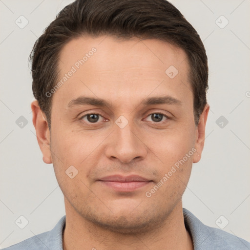 Joyful white young-adult male with short  brown hair and brown eyes