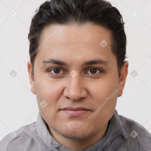 Joyful white young-adult male with short  brown hair and brown eyes