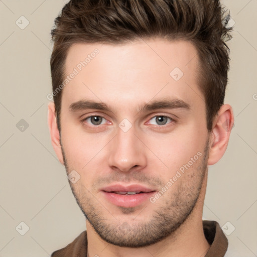 Neutral white young-adult male with short  brown hair and brown eyes