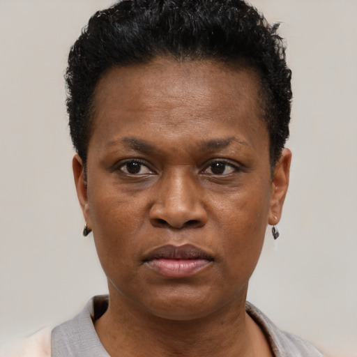 Neutral black young-adult female with short  brown hair and brown eyes