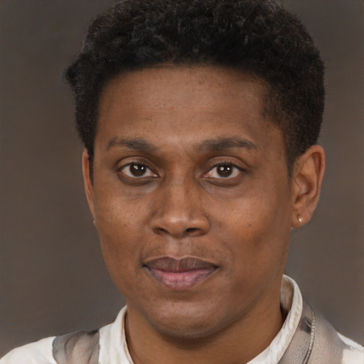 Joyful black young-adult male with short  brown hair and brown eyes