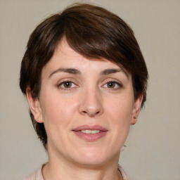 Joyful white adult female with medium  brown hair and grey eyes