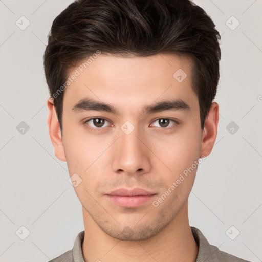 Neutral white young-adult male with short  brown hair and brown eyes