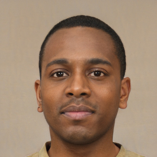 Neutral black young-adult male with short  black hair and brown eyes