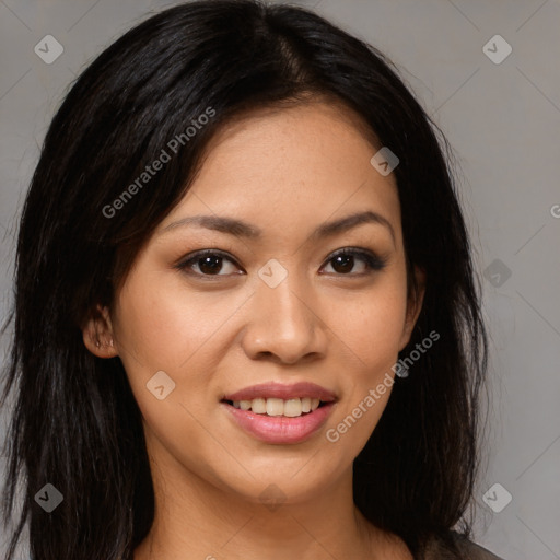 Joyful white young-adult female with long  brown hair and brown eyes