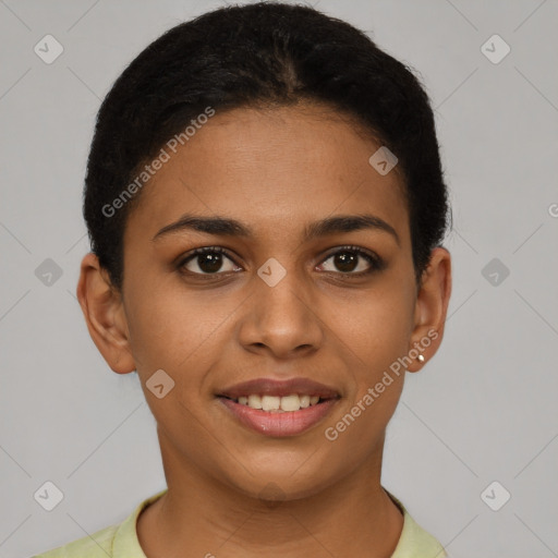 Joyful latino young-adult female with short  brown hair and brown eyes