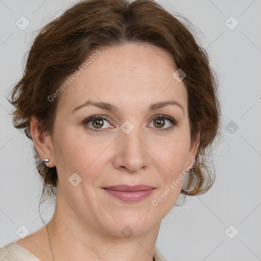 Joyful white young-adult female with medium  brown hair and green eyes