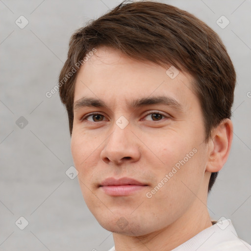 Neutral white young-adult male with short  brown hair and brown eyes