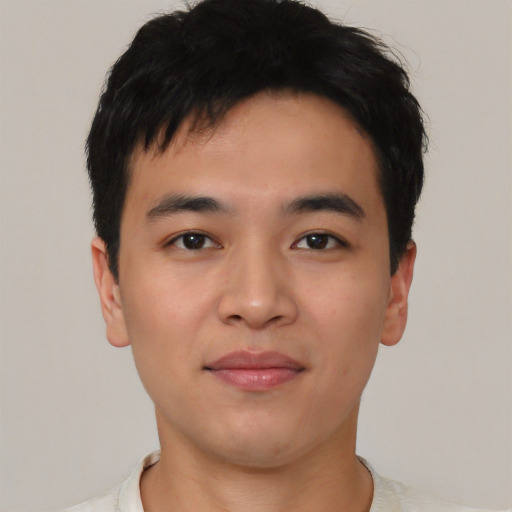 Neutral asian young-adult male with short  black hair and brown eyes