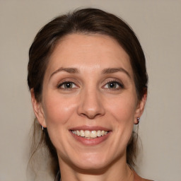 Joyful white adult female with medium  brown hair and grey eyes