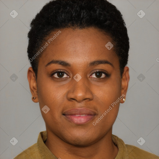 Joyful black young-adult female with short  brown hair and brown eyes