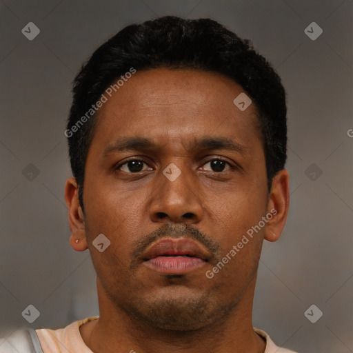 Neutral latino young-adult male with short  black hair and brown eyes