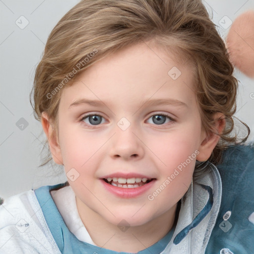 Joyful white child female with medium  brown hair and blue eyes