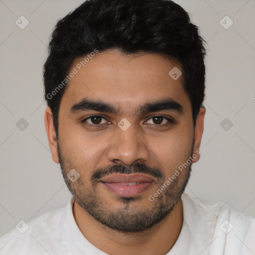 Joyful latino young-adult male with short  black hair and brown eyes