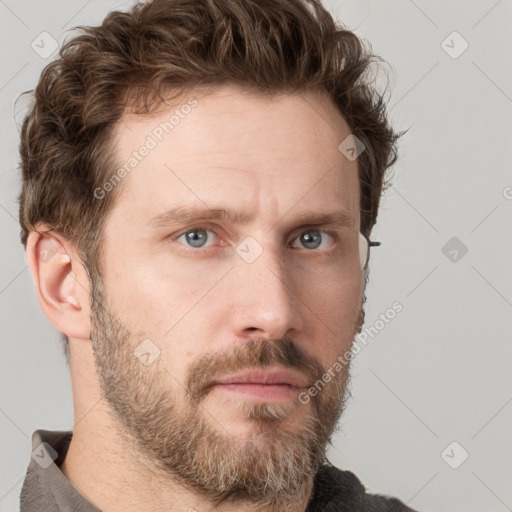 Neutral white young-adult male with short  brown hair and grey eyes