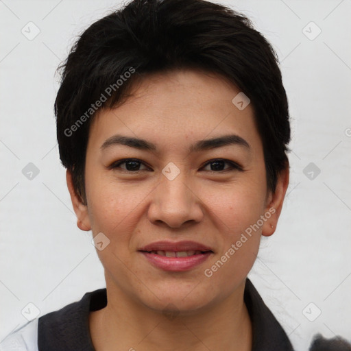 Joyful asian young-adult female with short  black hair and brown eyes