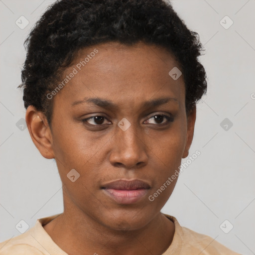 Neutral black young-adult female with short  brown hair and brown eyes