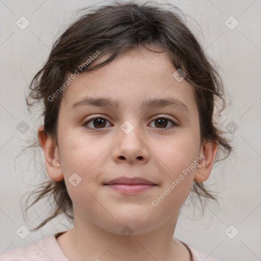 Joyful white child female with medium  brown hair and brown eyes