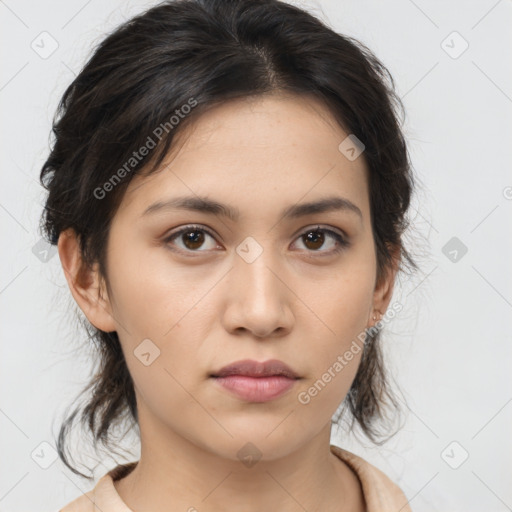 Neutral asian young-adult female with medium  brown hair and brown eyes