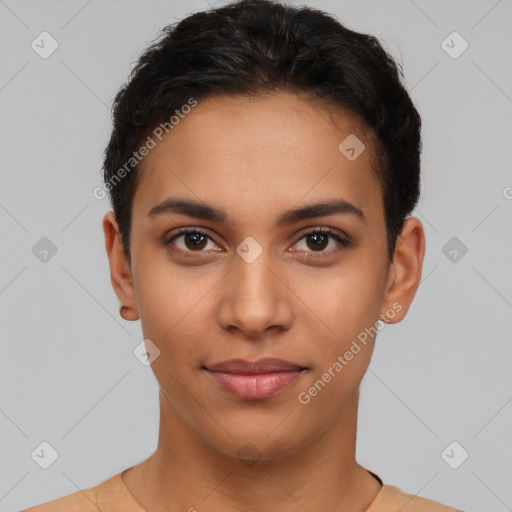 Joyful latino young-adult female with short  brown hair and brown eyes