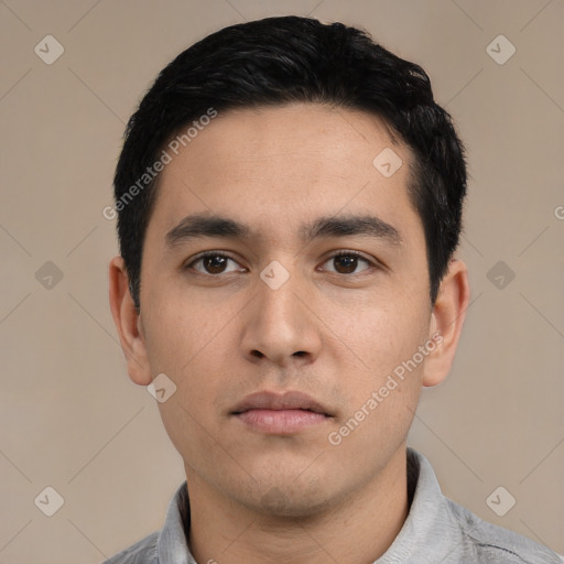 Neutral asian young-adult male with short  black hair and brown eyes