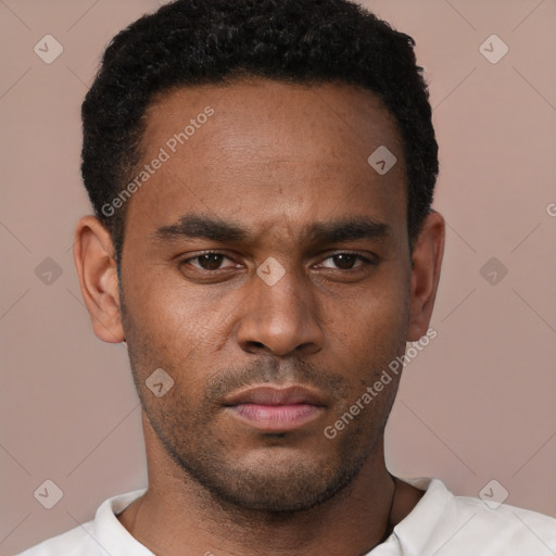 Neutral black young-adult male with short  black hair and brown eyes
