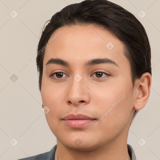 Neutral white young-adult male with short  brown hair and brown eyes