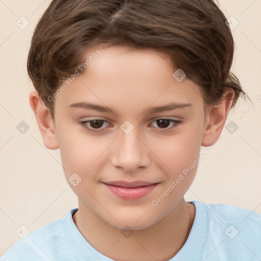 Joyful white child female with short  brown hair and brown eyes