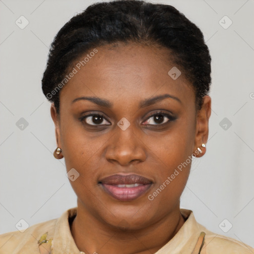 Joyful latino young-adult female with short  black hair and brown eyes