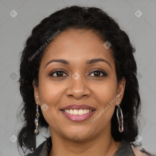 Joyful latino young-adult female with long  brown hair and brown eyes