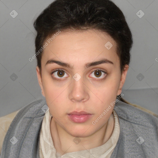 Neutral white young-adult female with short  brown hair and brown eyes