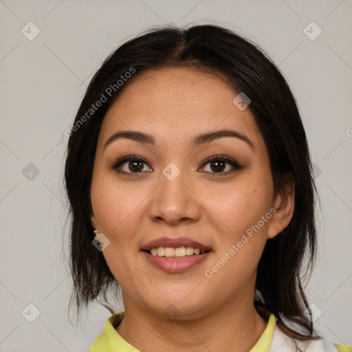 Joyful white young-adult female with medium  brown hair and brown eyes