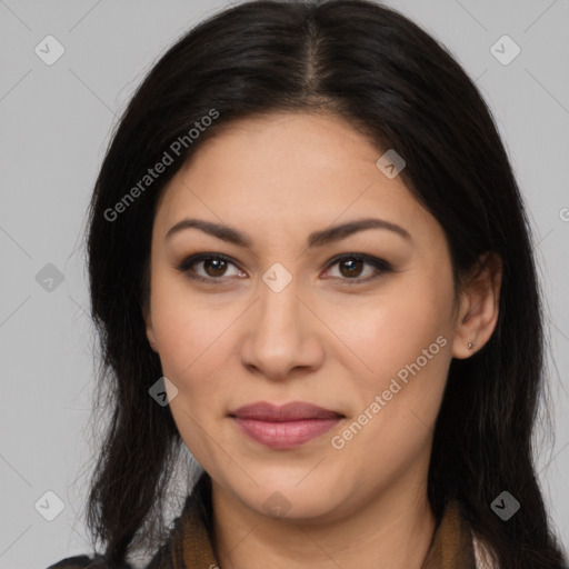 Joyful latino young-adult female with long  brown hair and brown eyes