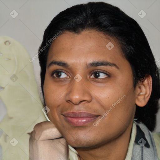 Joyful latino young-adult female with medium  black hair and brown eyes