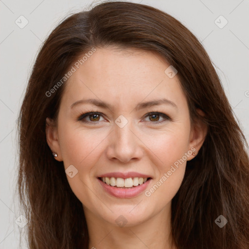 Joyful white young-adult female with long  brown hair and brown eyes