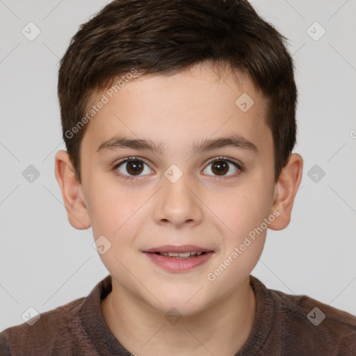 Joyful white child male with short  brown hair and brown eyes