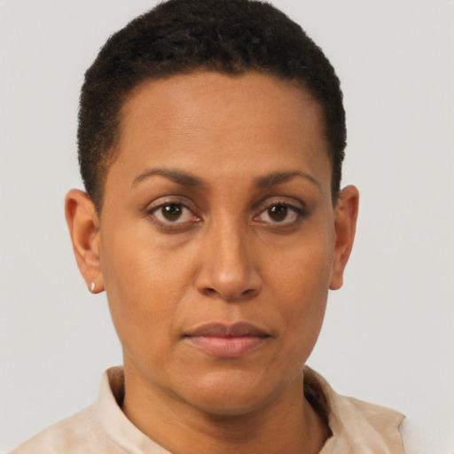 Neutral black young-adult female with short  brown hair and brown eyes