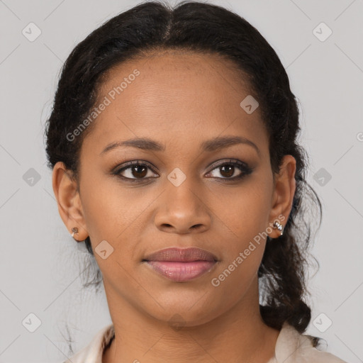 Joyful black young-adult female with medium  brown hair and brown eyes