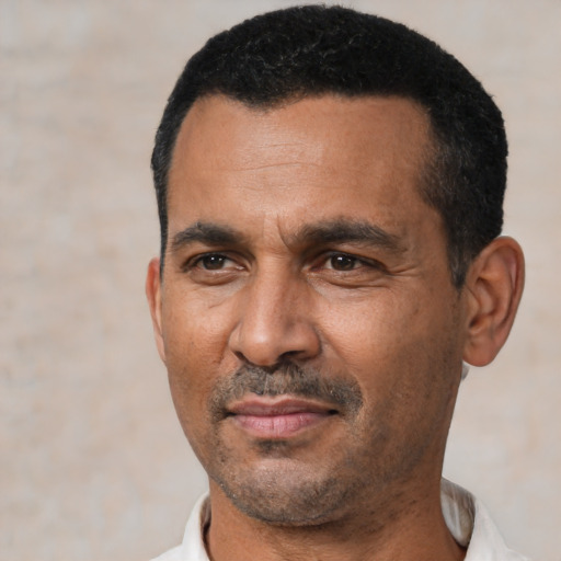 Neutral latino adult male with short  black hair and brown eyes
