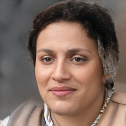 Joyful white adult female with short  brown hair and brown eyes