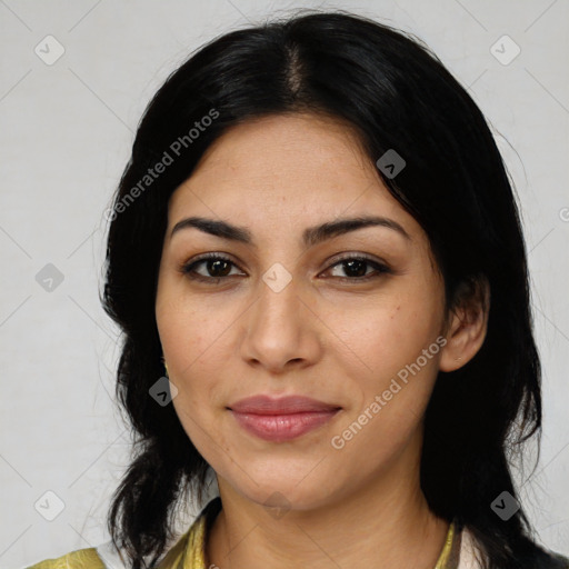 Joyful latino young-adult female with medium  black hair and brown eyes