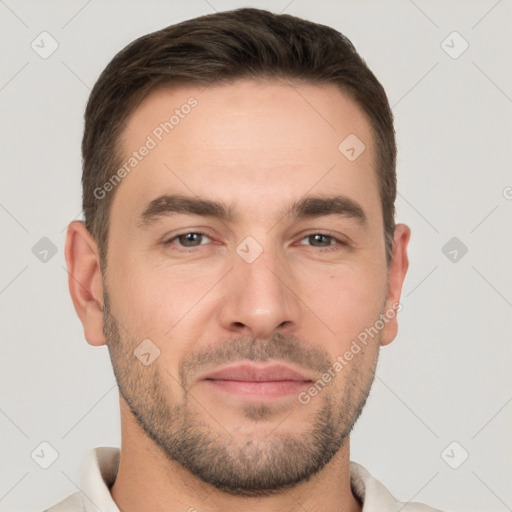 Joyful white young-adult male with short  brown hair and brown eyes