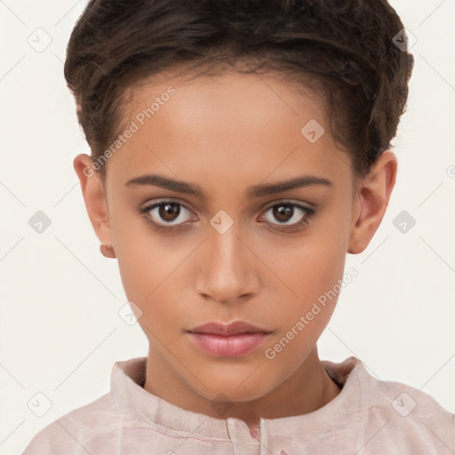 Neutral white young-adult female with short  brown hair and brown eyes