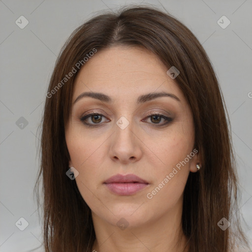 Neutral white young-adult female with medium  brown hair and brown eyes